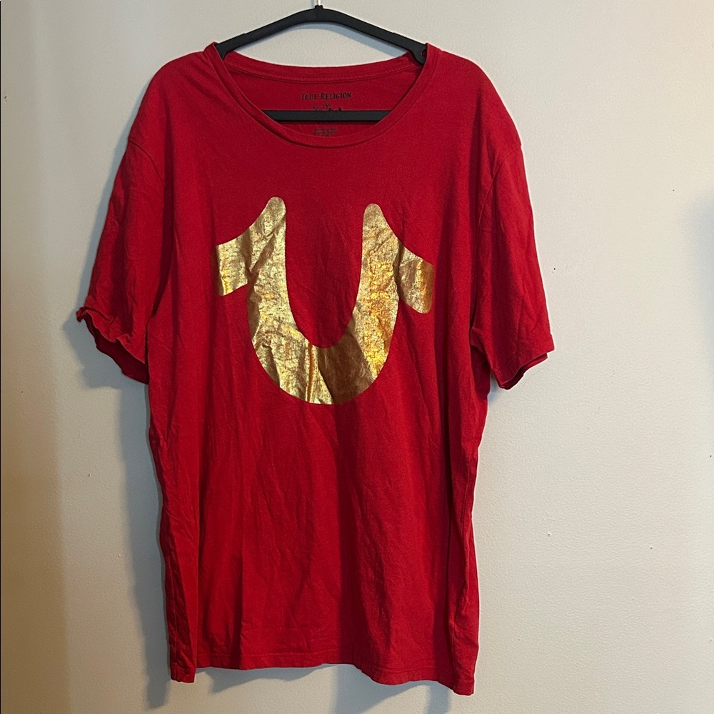 True Religion Red Tee with Gold Emblem